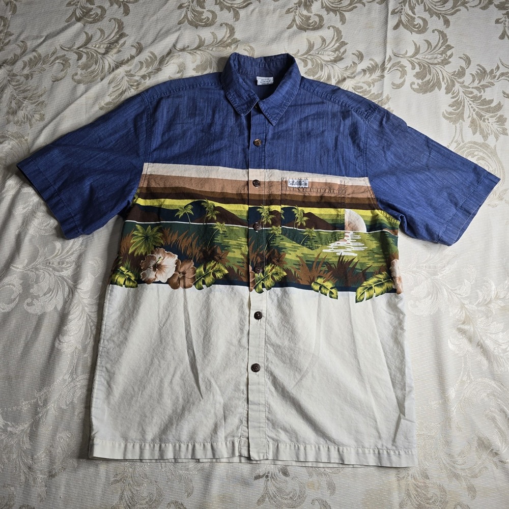 Lassen Hawaii Mens L Button Up S/S Shirt Floral Sunset Hawaiian Style